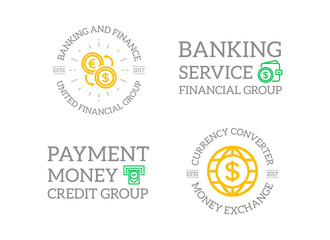 Fototapeta premium Set of retro vintage money and bank, atm, wallet, exchange logo or insignia, emblems, labels and badges and other branding objects. line style