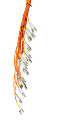 Bunch of fiber optic cables and LC type connectors, isolated on white background. Technology, data transmission channel
