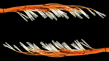 Bunch of fiber optic cables and connectors on black background with copyspace. Technology, banner...
