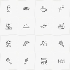 Restaurant line icon set with cup of coffee, table with chair and cooking