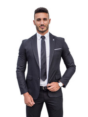 Handsome elegant young man with business suit and neck-tie, isolated on white, looking at camera