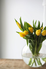 A bouquet of yellow tulips in a vase on the windowsill. A gift t