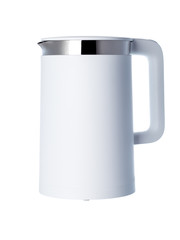 Electric kettle made of matte white plastic with white handle and metal fringing on top of teapot, smart teapot isolated side view nobody.