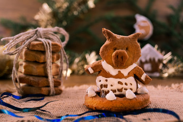 Pig, baked in the oven from shortbread, symbol of 2019 pigs, near a stack of cookies, tied with a thick thread.