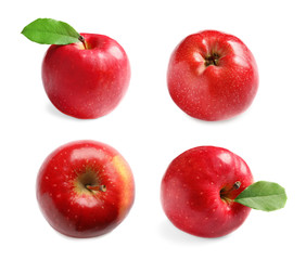 Set with delicious red apples on white background