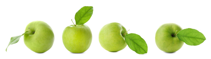 Set with delicious green apples on white background