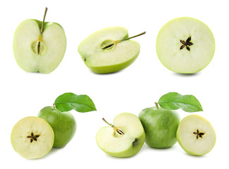 Set with delicious cut green apples on white background