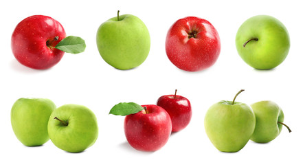 Set with delicious red and green apples on white background