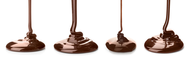 Set with molten chocolate pouring on white background