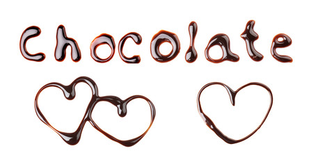 Set with hearts made of molten chocolate on white background