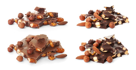 Set with different kinds of delicious chocolate and nuts on white background