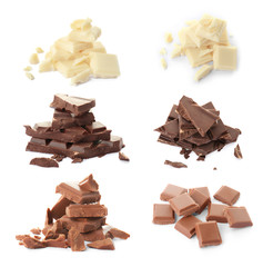 Set with different kinds of delicious chocolate on white background