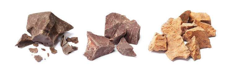 Set with different kinds of delicious chocolate on white background