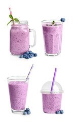 Set with delicious blueberry smoothie on white background
