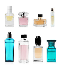 Set with different blank perfume bottles on white background