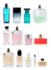 Set with different blank perfume bottles on white background