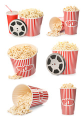 Set with delicious popcorn on white background