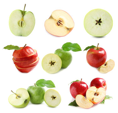 Set with delicious red and green apples on white background
