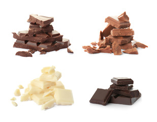 Set with different kinds of delicious chocolate on white background