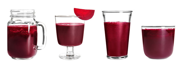 Set with beet smoothie in different glassware on white background