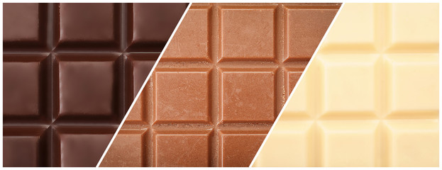 Set with different kinds of delicious chocolate as textured background