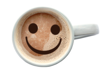 Mug with delicious hot cocoa drink on white background, top view