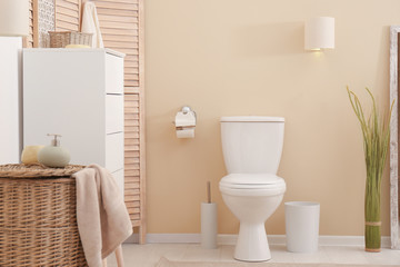 Toilet bowl in modern bathroom interior - obrazy, fototapety, plakaty