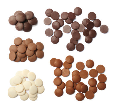 Set with delicious chocolate chips on white background