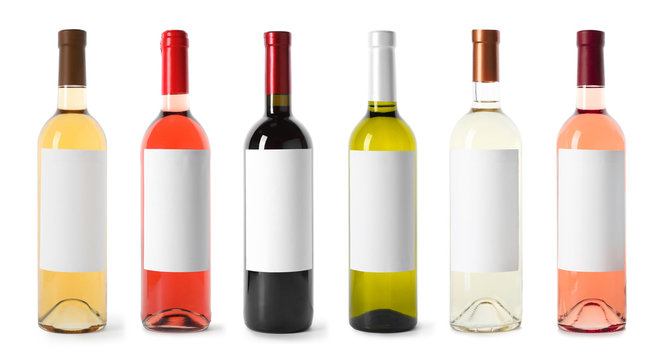 Naklejka Set with different blank wine bottles on white background. Mock up for design