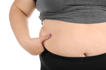Overweight woman on white background, closeup view