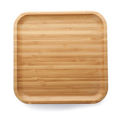 Plate made of bamboo on white background, top view