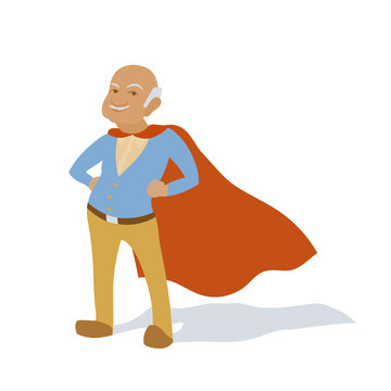 Confident old man grandfather as superhero character. Senior citizen in super hero cape. Vector flat cartoon