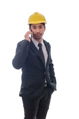 engineer man, construction worker talking using a smartphone mobile phone isolated over white background
