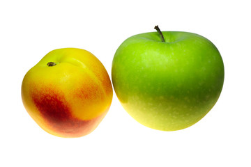 Fresh peach, apple isolated on white background under pruning, vegetarian healthy eating, clipping path