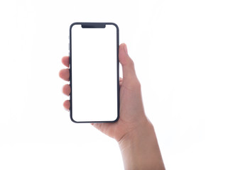 close up hand hold phone isolated on white, mock-up smartphone white color blank screen