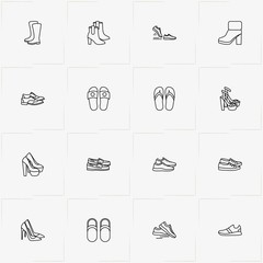 Shoes line icon set with lady shoes, sneakers and slippers