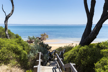 Timber stairs to Red Rocks Beach on a sunny day, Phillip Island, Victoria, Australia