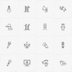 Smart House line icon set with loudspeaker, water drop and light bulb