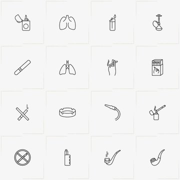 Smoking line icon set with electronic hookah, cigar and matches