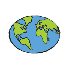 Earth illustration cartoon. Globe orb round hemisphere shape sketch in color isolated on white. Freehand line black ink hand drawn emblem, art doodle style pen on paper. Vector.