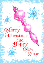 Hand drawn Christmas greeting card. Great print for invitations, posters, tags. Festive banner in drawn cartoon style, modern and classic, vintage illustration. Vector.