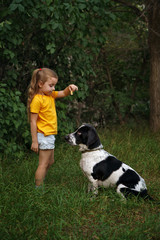 Little girl and mongrel dog outdoors. Child gives commands to pet. Dog has sad eyes. Children and animals. Little cynologist.