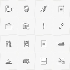 Stationery line icon set with triangle ruler , badge and brush