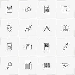 Stationery line icon set with magnifier, abacus and compass