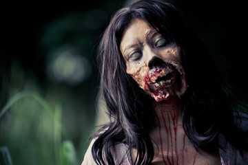 Portrait of asian woman make up ghost face with blood,Horror scene,Scary background,Halloween...