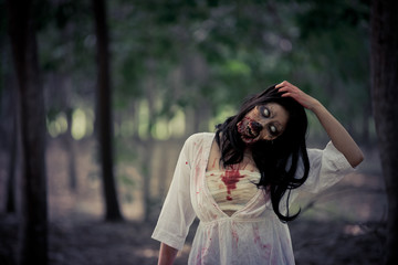 Portrait of asian woman make up ghost face with blood,Horror scene,Scary background,Halloween...