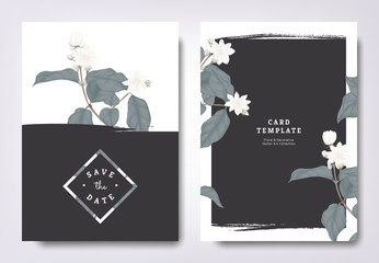 Botanical wedding invitation card template design, white jasmine flowers and leaves with black grunge frame, minimalist vintage style - obrazy, fototapety, plakaty