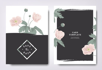 Botanical wedding invitation card template design, pink anemone flowers and leaves with black grunge frame, minimalist vintage style