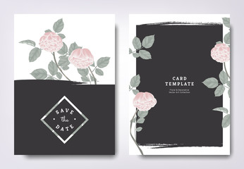 Botanical wedding invitation card template design, pink rose flowers and leaves with black grunge frame, minimalist vintage style