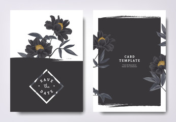 Botanical wedding invitation card template design, black paenia lactiflora flowers and leaves with black grunge frame, minimalist vintage style